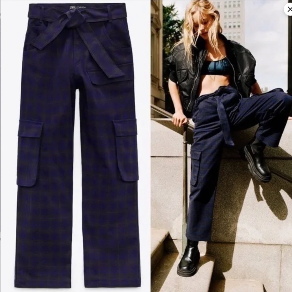 Zara navy blue plaid cotton cargo pants | size M / 28